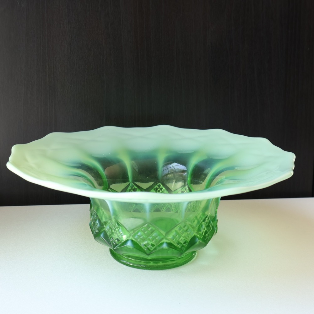 Vintage Green Opalescent Glass Pedestal Bowl Ruffled Rim Pressed Glass Decor